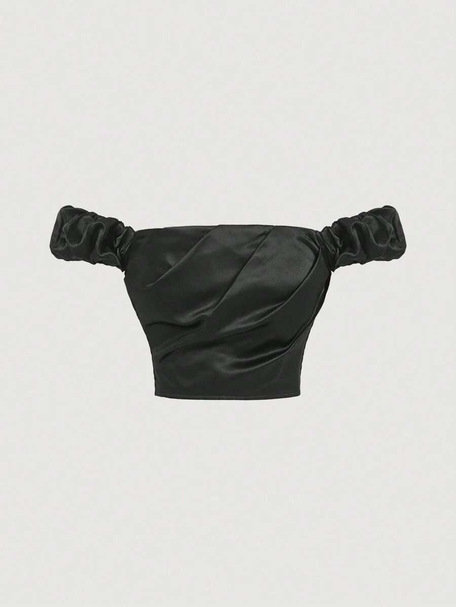 SHEIN MOD Top A Fascia Satinato Nero Aderente Con Collo A Barchetta Per Donna - nero - Visualizzare 1