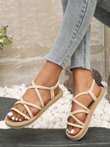女士淺褐色打結十字交叉沙灘涼鞋,時尚露趾平底涼鞋適用於度假 - 米色 - 查看 1