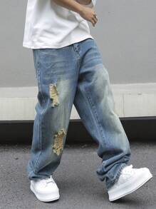 Manfinity Roghcode 男士直筒破洞休閒牛仔褲超大尺寸長款磨邊牛仔工裝褲純色深藍色派對街頭風格說唱歌手 - 淺色水洗藍 - 查看 6