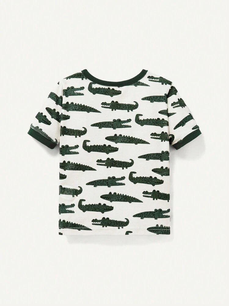Baby Boy Snug Fit Pajamas Cartoon Crocodile Pattern Short Sleeve Pullover Top & Footed Pants Homewear Set
