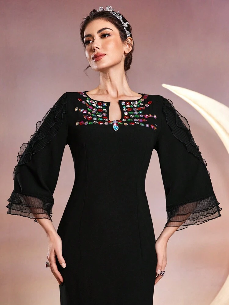 Black Dress With Rhinestone Details, Notched Collar, Flare Sleeve Long Evening Dresses