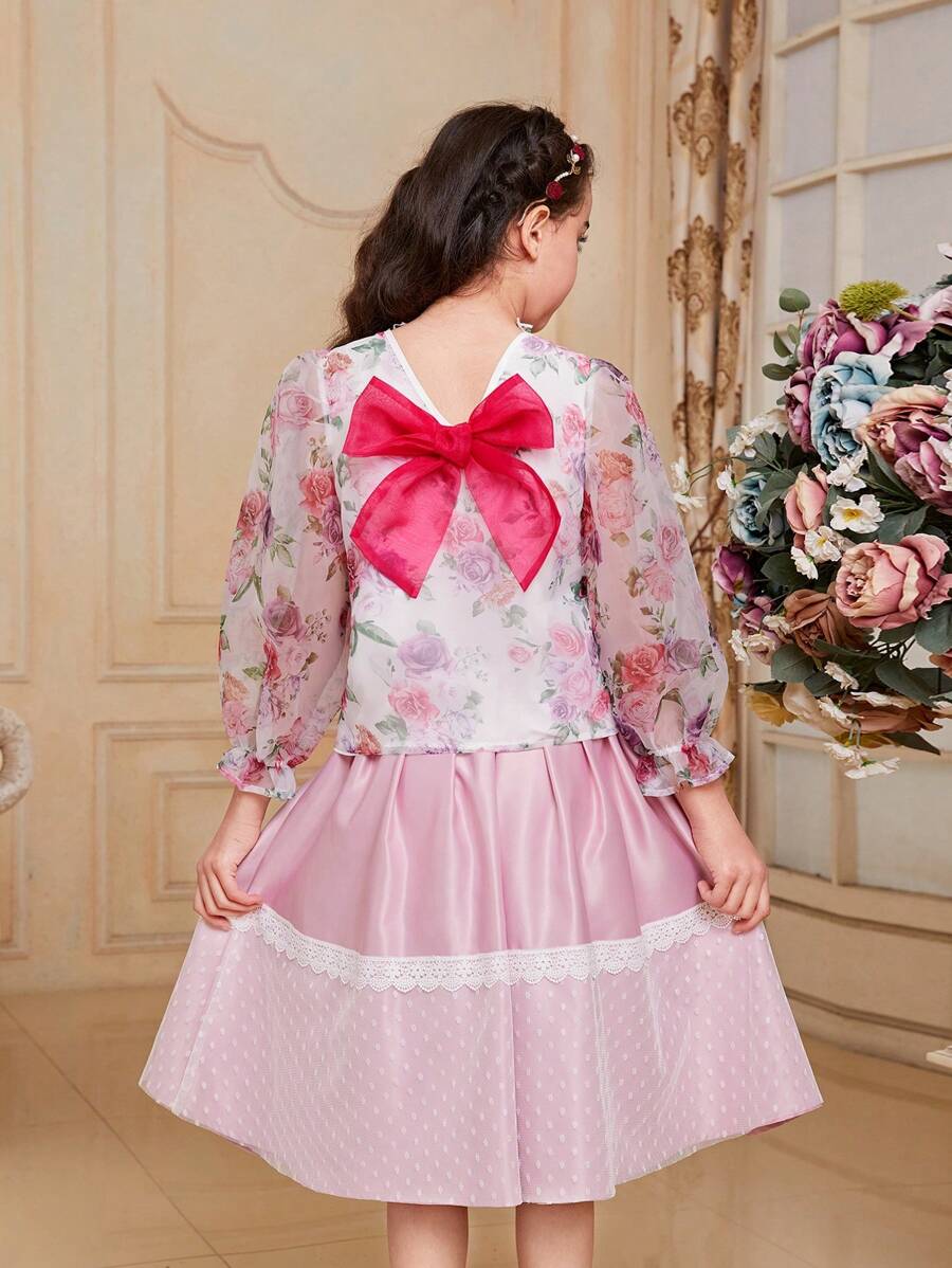 SHEIN Tween Girl Loose Fit Cute Floral Print Back Bowknot Shirt - Hot Pink - View 1