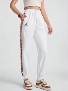 Streetz SHEIN Sport 女用側條紋編織帶拼布慢跑褲 - 白色 - 查看 1