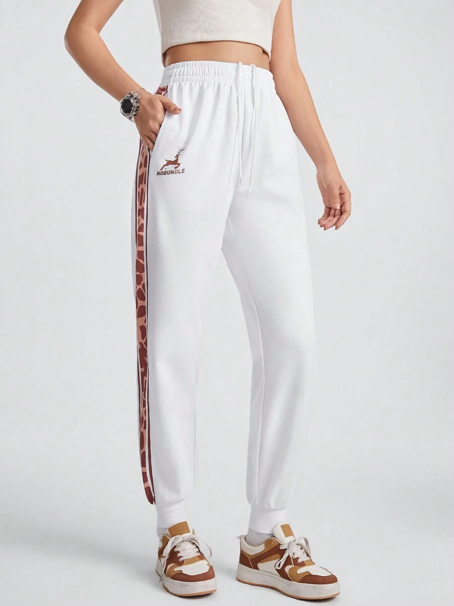 Streetz SHEIN Sport 女用側條紋編織帶拼布慢跑褲 - 白色 - 查看 1