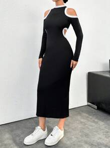 EURMUSE Black-White Cut Out Bodycon Dress - Black and White - View 1