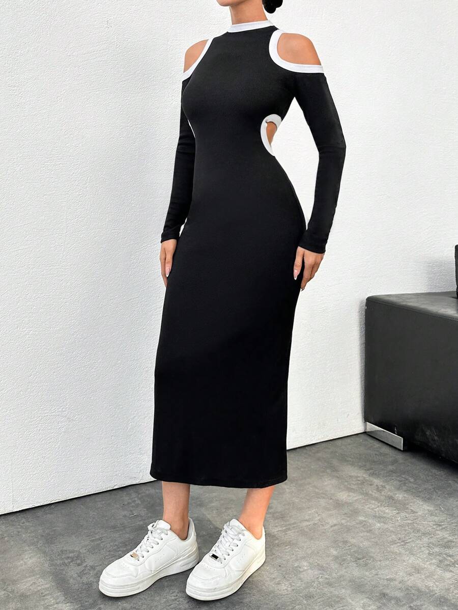 EURMUSE Black-White Cut Out Bodycon Dress - Black and White - View 1