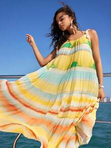 Anewsta Women's Colorful Striped & Printed Shoulder Tassel & Fringe Dress For Vacation, Women Cruise Outfit - Yellow - View 4