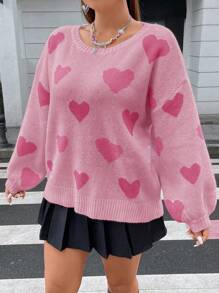 Flirla Kích thước lớn Lỏng lẻo Áo len Với Hình trái tim Và Thả vai Thiết kế - Hồng - Xem 3