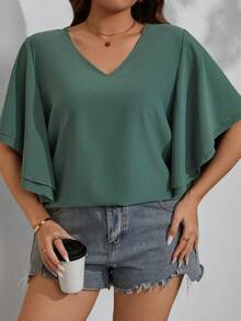 SHEIN LUNE Kích thước lớn Màu thuần Cổ chữ V áo tay bướm Áo sơ mi - Màu xanh Ô liu - Xem 3