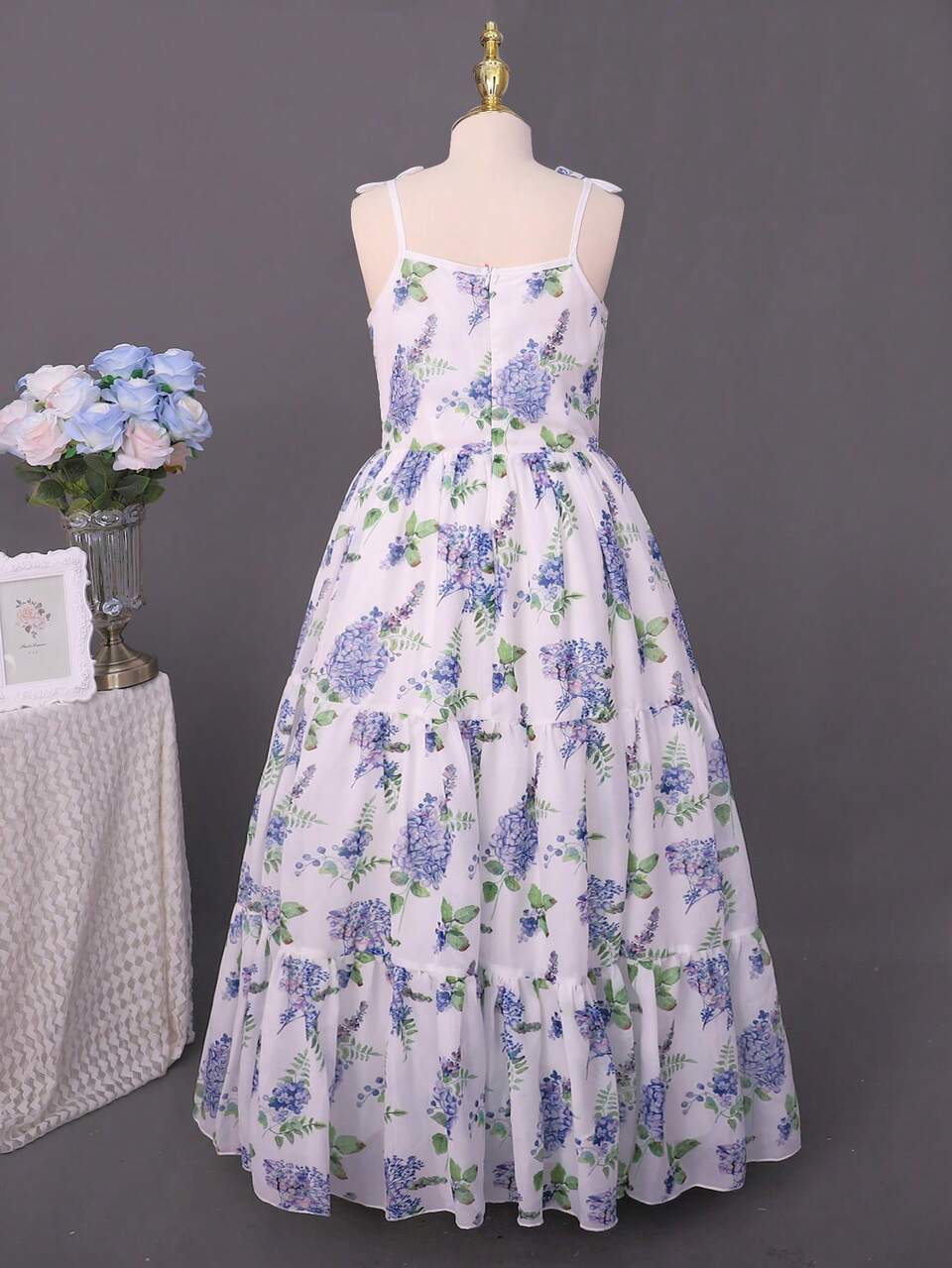 Tween Girls Elegant White Floral Summer Mid-Length Gown,Wedding Guest Spaghetti Strap Strapless Dress For Birthdays,Banquets,Performances & Evenings