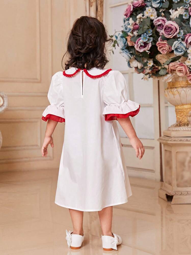 Young Girls Loose Fit Casual Dress With Girl Pattern And Peter Pan Collar