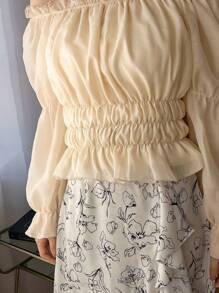 FRIFUL Camisa De Hombro Descubierto Sólido De Las Mujeres Con Manga De Volantes Y Pliegues - Beis - Ver 8