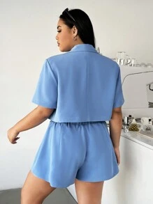 SHEIN EZwear 秋冬大码纯色梭织西装外套和裙子两件套 - 藍色 - 查看 3