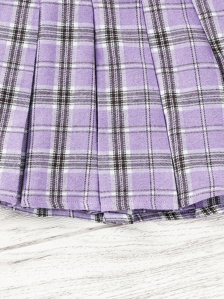 Young Girl's Cool Street Style Heart & Cat Print Short Sleeve T-Shirt, Gingham Pleated Skirt For Spring/Summer
