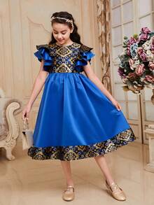 SHEIN Tween女孩可愛的圓領短袖拼接布料中長裙 - 藍色 - 查看 2