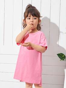 SHEIN Young Girl Toddler Girls 100% Cotton Split Side Dip Hem Dress - Pink - View 1