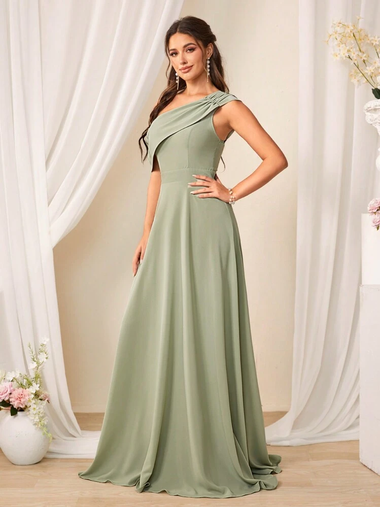 SHEIN Belle Vestido de dama de honor de un solo color con escote asimétrico, vestido elegante para Navidad - Verde - Añade 4