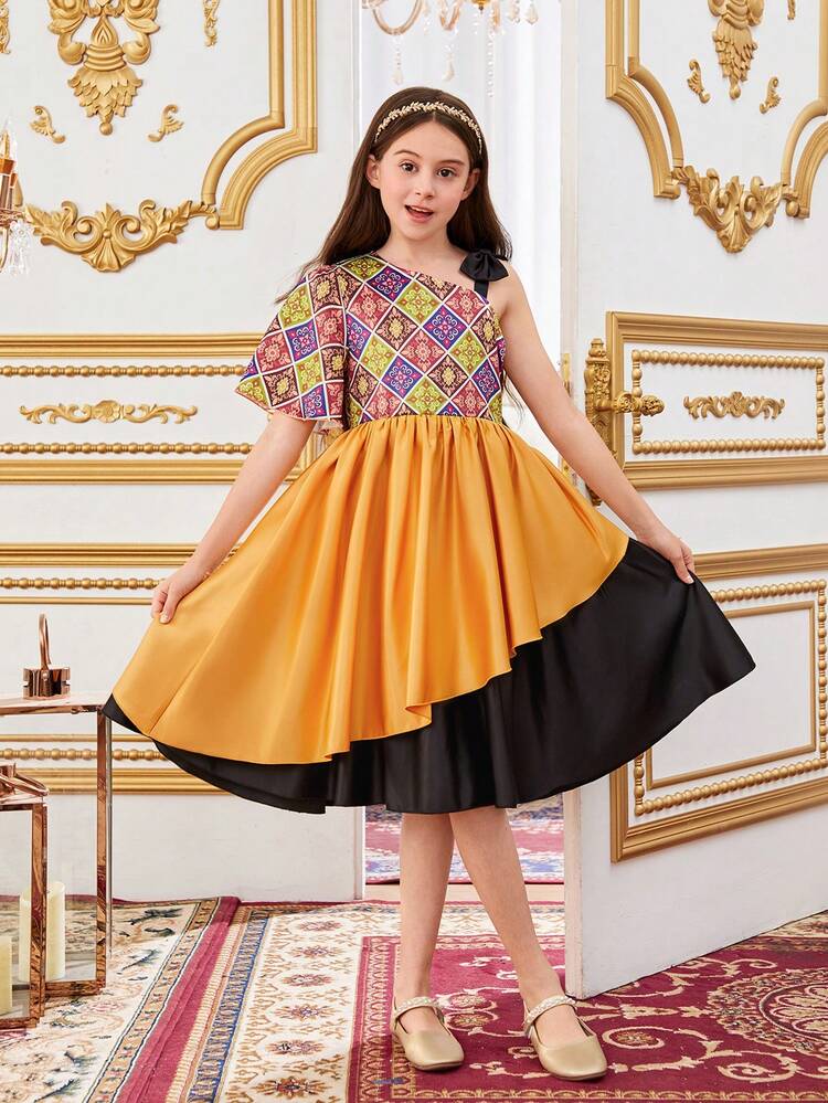 Tween Girls' Gorgeous Asymmetrical Shoulder Patchwork Dress With Contrasting Fabrics, Medium Length