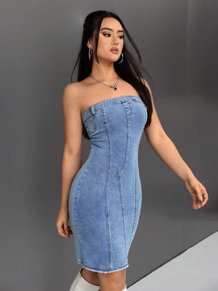 Women's Color Contrast Zip Back Bodycon Strapless Denim Dress