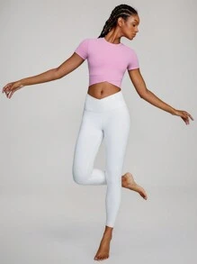 GLOWMODE FeatherFit™ Crossover Hem Studio Cropped Tee Light Support Low Impact Yoga Pilates Studio - Pink - View 8