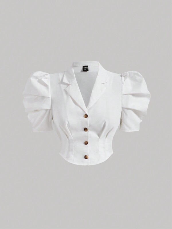SHEIN MOD Plus Size Women's Puff Sleeve Shirt With Single Breasted Closure