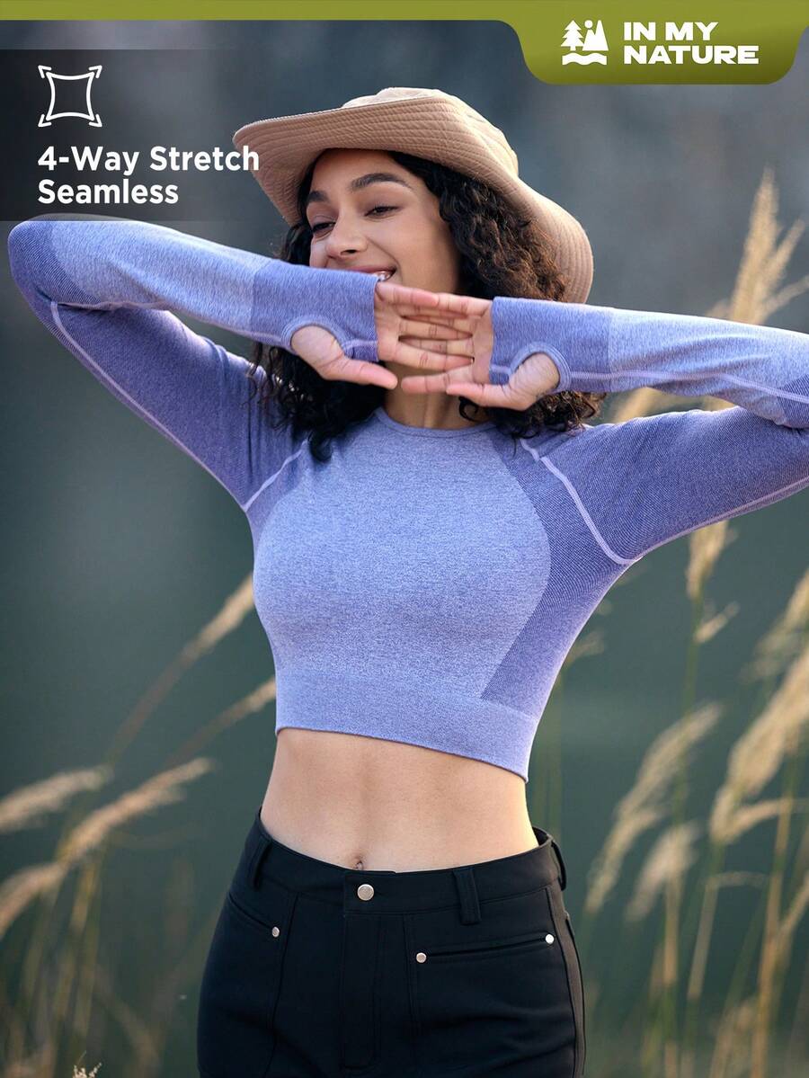 In My Nature 女式拼接長袖截斷運動t恤 - 紫色 - 查看 1