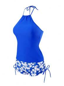 Swim Lushoire Conjunto de Tankini con top halter de unicolor para mujer en la playa con impresión de flores y pantalones cortos tipo boxeador - azul real - View 4