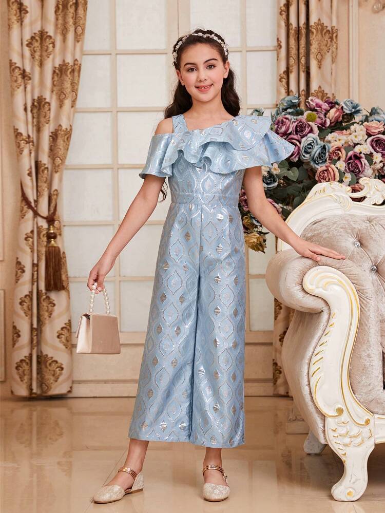 Tween Girl Cute Vintage Palace Style Oblique-Shoulder Ruffle Edge Long Jumpsuit