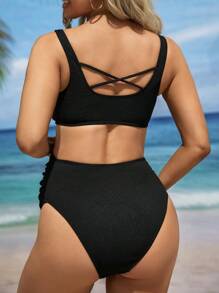 SHEIN Summer Beach Pregnant Women's Ribbed Ruched Separated Bikini Set - Black and White - View 2
