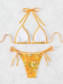 Swim Mod Summer Beach Women's Plant Printed Halter Neck Bikini Set
