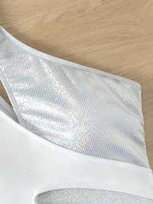 女用金屬色布料拼布一肩連身泳衣 - 銀色 - 查看 6