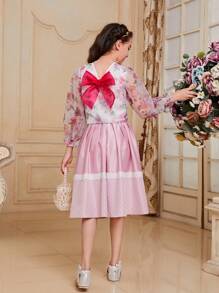 SHEIN Tween Girl Loose Fit Cute Floral Print Back Bowknot Shirt - Hot Pink - View 3