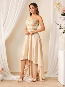 SHEIN Belle Vestido De Mujer Corto Delante Y Largo Detrás De Hombro Oblicuo Bordado - Champán - Ver 5
