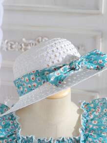 SHEIN Trẻ Cô gái In hoa Xù Hoa Sen Đầm xếp ly Với mũ - màu xanh lá - Xem 5