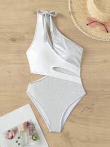 女用金屬色布料拼布一肩連身泳衣 - 銀色 - 查看 3