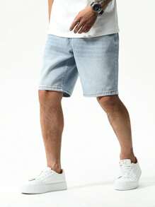 Chillumni Shorts en jean pour hommes, jambe droite, bleu Jorts uni, léger, vintage pour les vacances