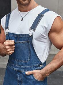 Manfinity Homme 1Pc Men's Solid Pocket Dungaree Shorts Baggy Overall Plain Navy Blue - Blue - View 4