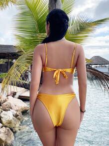 SHEIN X SAMADHI SHEIN Swim 女士實色夏季無線比基尼套裝 - 黃色 - 查看 4