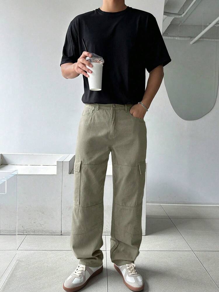 Men's Solid Color Cargo Pocket Straight Loose Casual Pants, Autumn, Fall Men Joggers