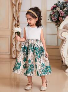 SHEIN Young Girl's Cute Jacquard Patchwork Sleeveless Dress With Round Neck, Detachable Bowknot On Back, Mid-Calf Length