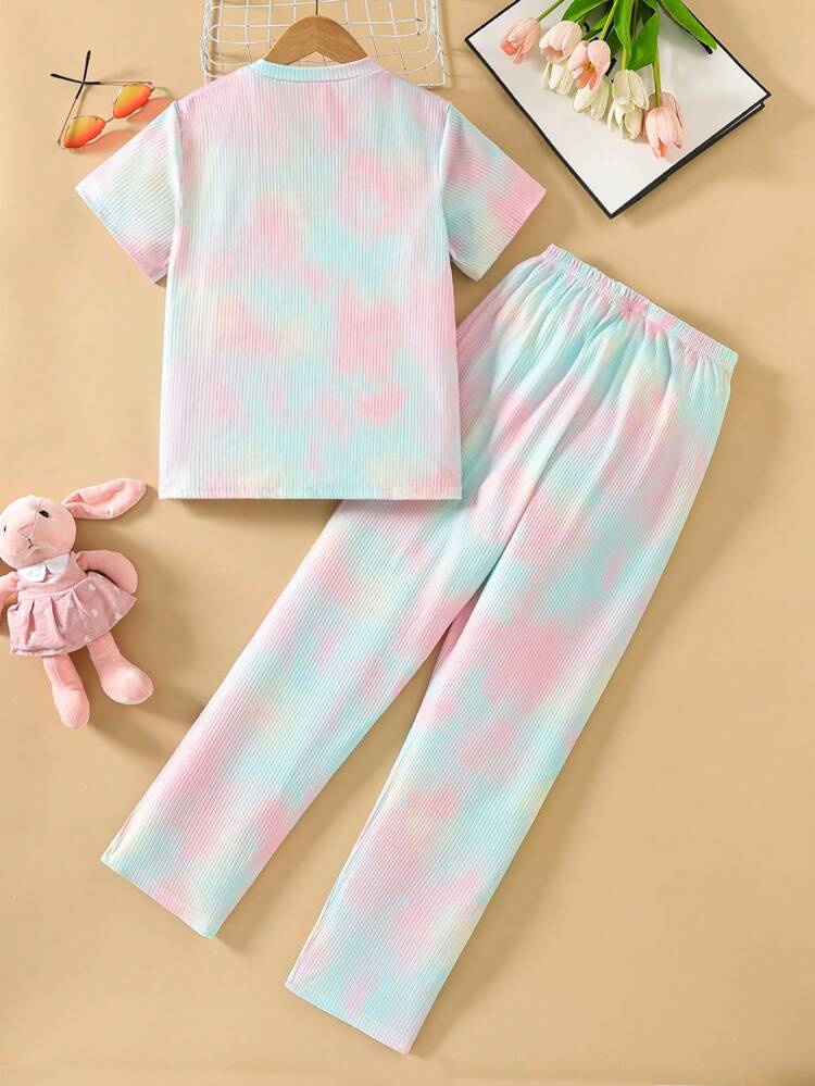 Teen Girls' Minimalist Tie Dye Wide Leg Pants And Loose Short Sleeve Top Set, Fashionable Home Wear