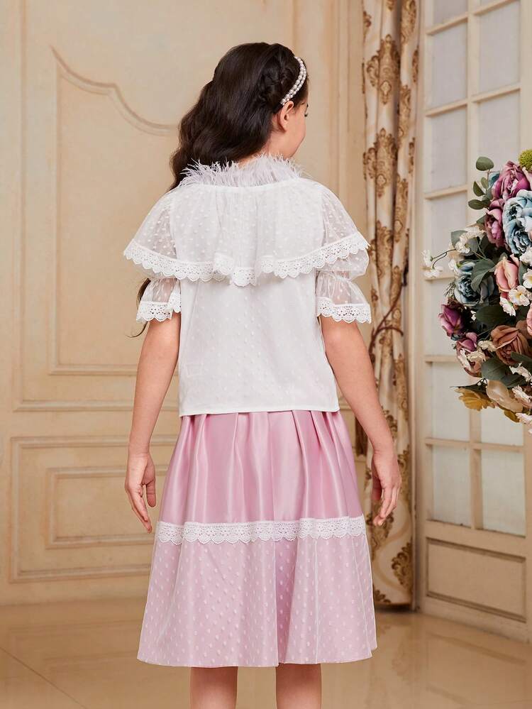 2pcs/Set Tween Girl Elegant Ruffled Net Mesh Blouse & Rhinestoned Skirt Outfit
