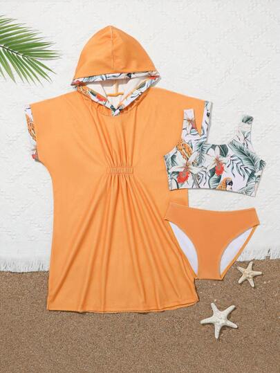 Young Girl Tropical Print Vest & Solid Color Briefs & Printed Splicing Hooded Cover-Up Bikini Set
