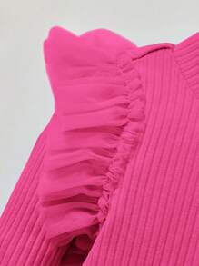 Cozy Pixies Rose Red Baby Girl Knitted Mesh Ruffle Hem Pullover And Striped Knitted Tee With Ruffle Hem - Hot Pink - View 5