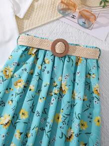 Tween Girls' Back Print Short Sleeve T-Shirt And Floral Print Skirt With Belt Set