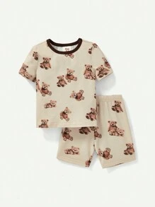 Cozy Pixies Baby Boy Snug Fit Pajama, Cartoon Bear Printed Color Block Round Neck Short Sleeve Top & Casual Shorts, Fit PJ Homewear Set