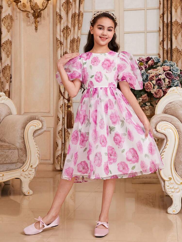 Tween Girls' Lovely Floral Print Puff Sleeve Dress With Bowknot Back Detail
