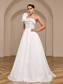 SHEIN Belle One-Shoulder Ruffled Edge Wedding Dress With Back Tie - White - View 7