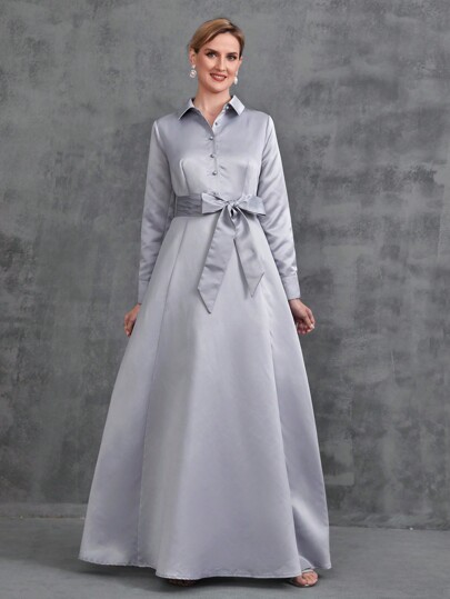 Vestido De Cintura Con Cinturón De Satén Sólido Para Mujeres