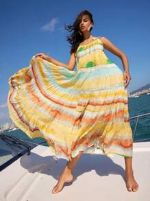 Anewsta Women's Colorful Striped & Printed Shoulder Tassel & Fringe Dress For Vacation, Women Cruise Outfit - Yellow - View 5